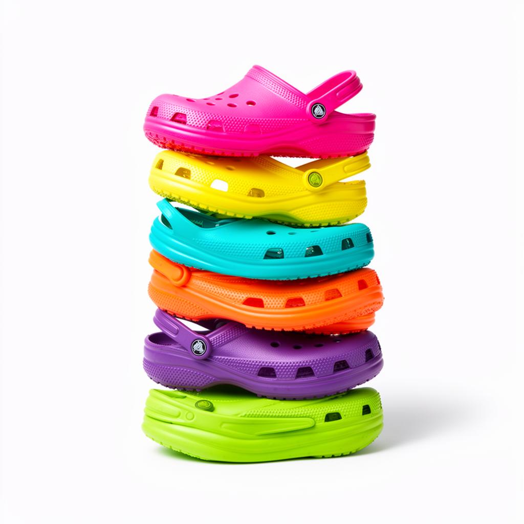 A playful stack of colourful Crocs